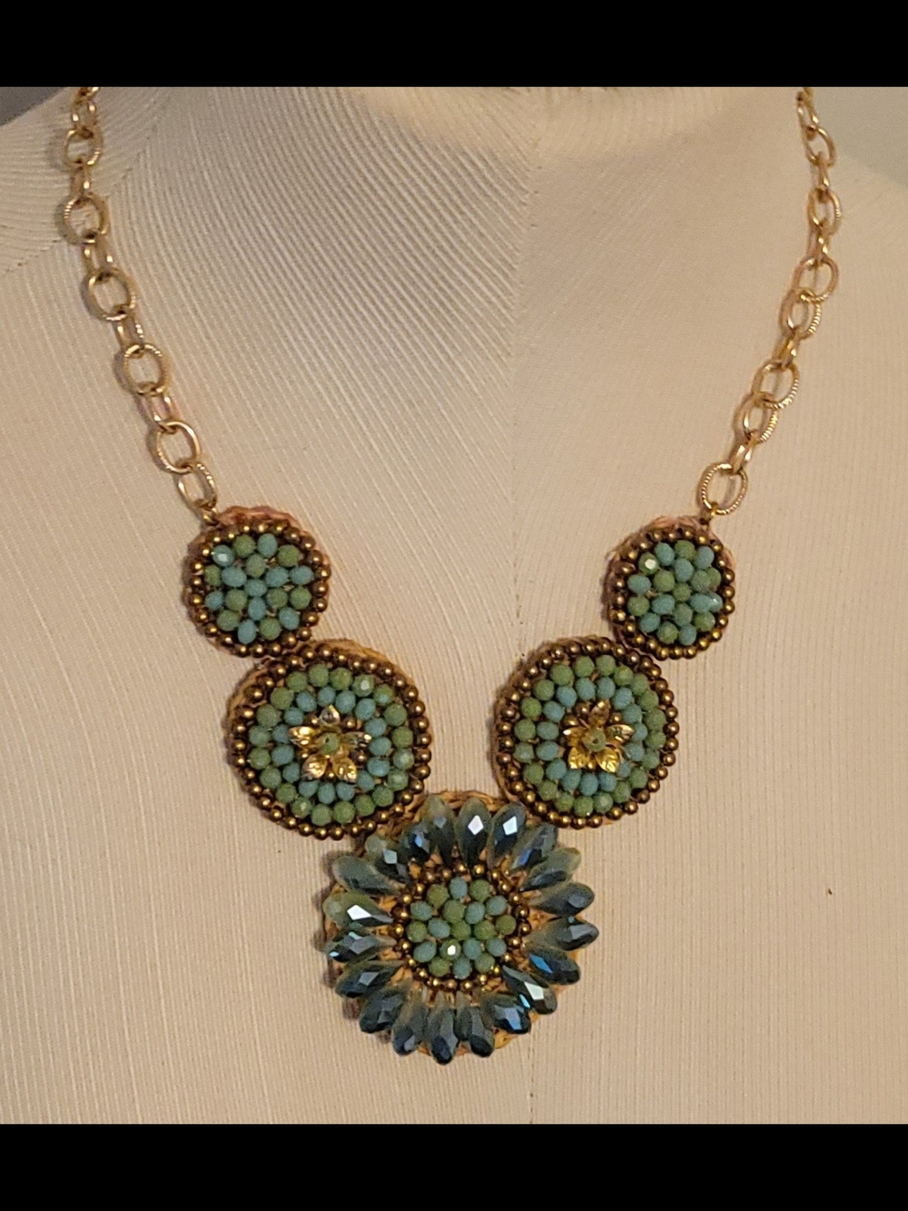 Gold-Plated Blue-Green Beaded Statement Necklace